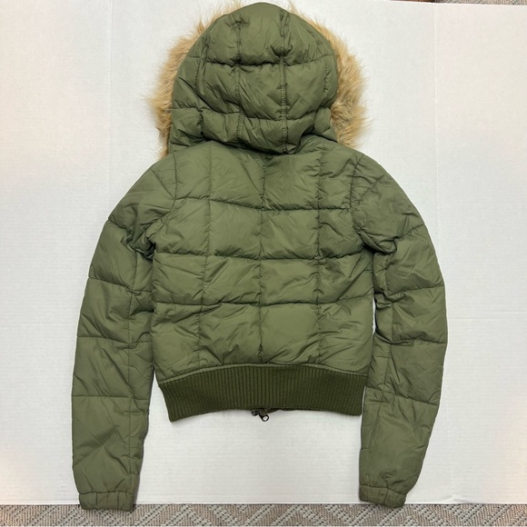 Women's Hollister Olive Green Fur Trim Hooded Winter Quilted S Puffer Jacket - Picture 3 of 6